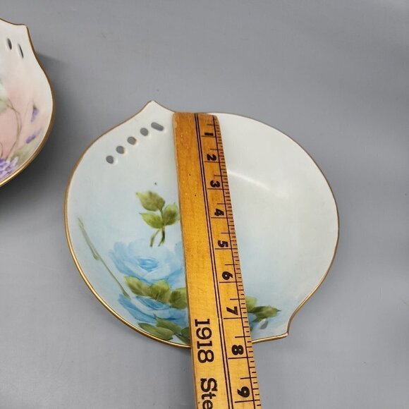 Set of 2 Vintage Handled shallow Bowls 1961 Floral Handpainted Gold Rim 8" - Picture 10 of 11